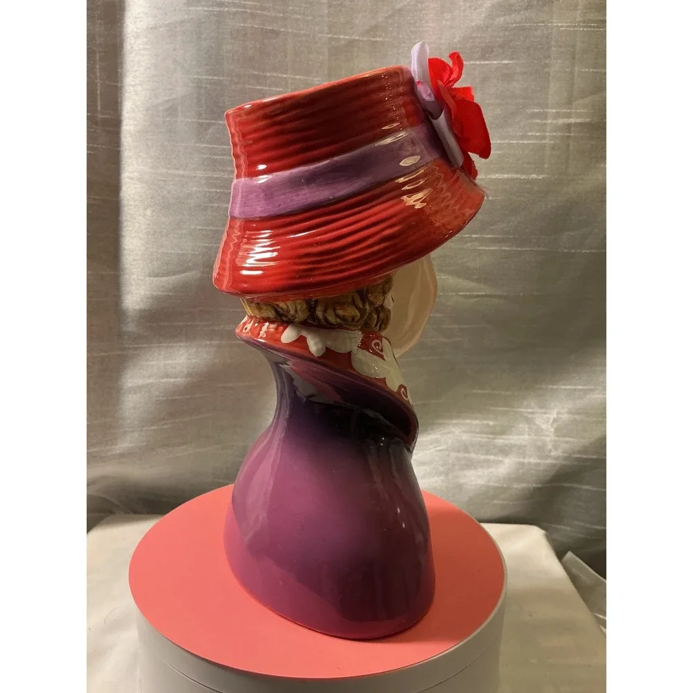 Vintage Style Ceramic Lady Head Vase Purple Coat Red Hat Floral Accent 9.5 inch